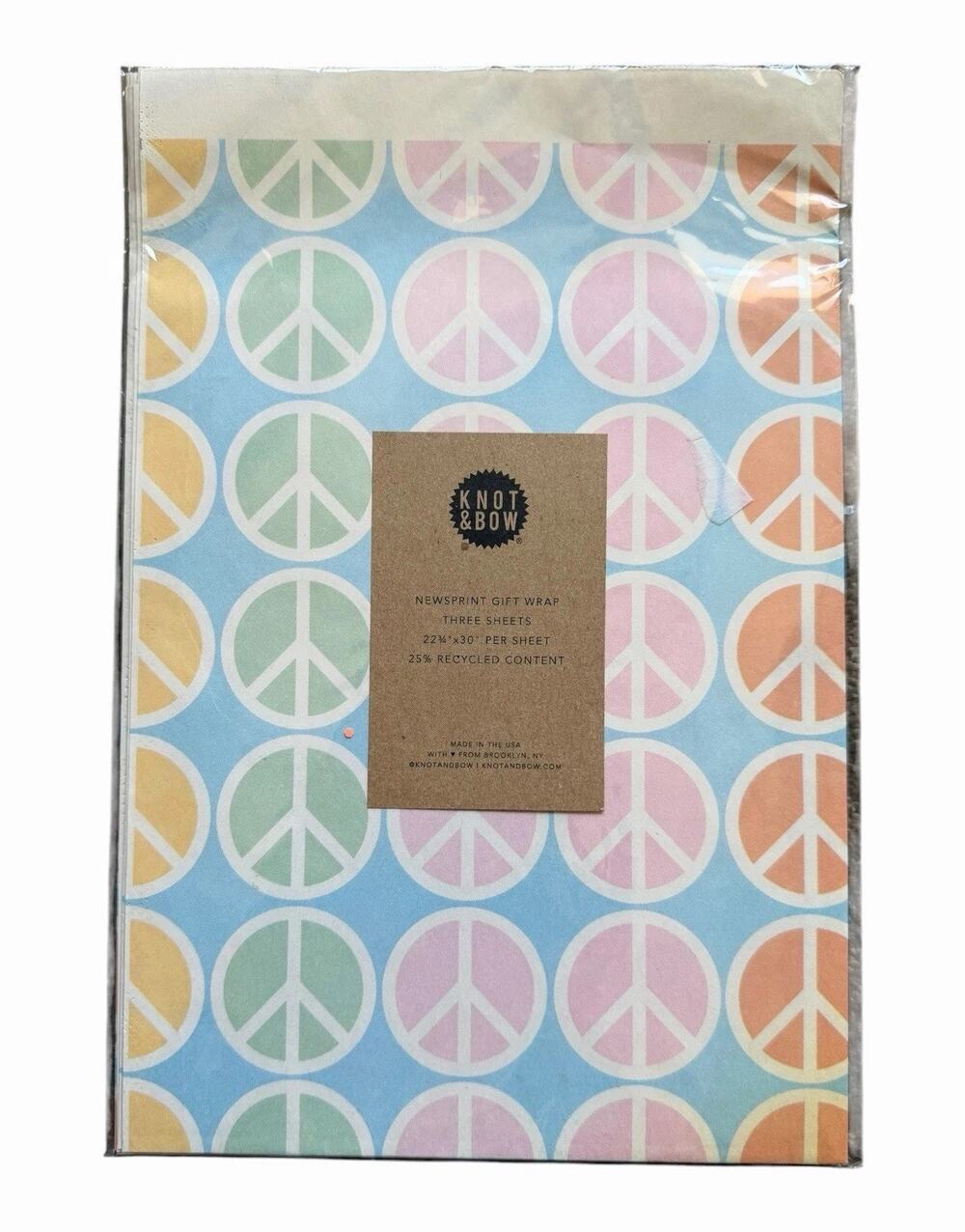 Knot & Bow Peace Sign Newsprint Gift Wrap 3 Sheets New Pastel Wrapping Paper NIP